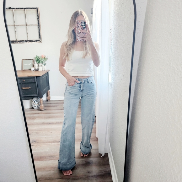 Risen High Rise Tummy Control Light Wash Wide Leg Cuffed Denim Jeans Various NEW - Picture 4 of 17